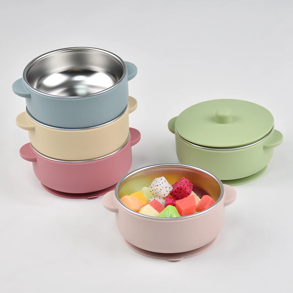 300-ml-Baby-Trainingsschüssel mit Deckel, 300-ml-2-in-1-Futterset aus Edelstahl und Silikon, unzerbrechlicher Entwöhnungsschüssel Image