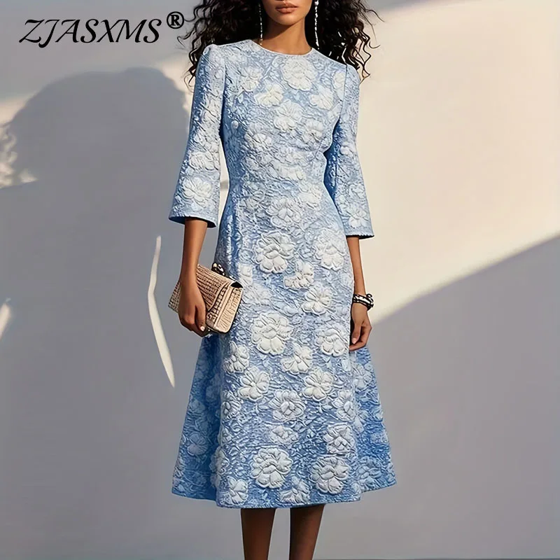 Frühling Mode Jacquard Floral Lange Kleider Frau Sexy O Neck Schlank A-Line Büro Kleid Casual 3/4 Hülse Bohemian Kleid Vestidos