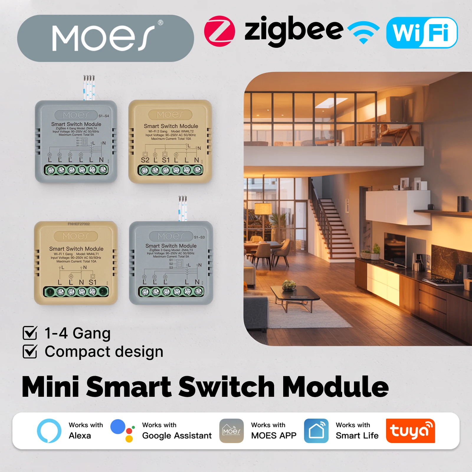 MOES Tuya WiFi/Zigbee Mini Smart Switch Modul DIY 1-4 Gang Sprachsteuerung Timer Home Automation Funktioniert mit Alexa Google Home Image