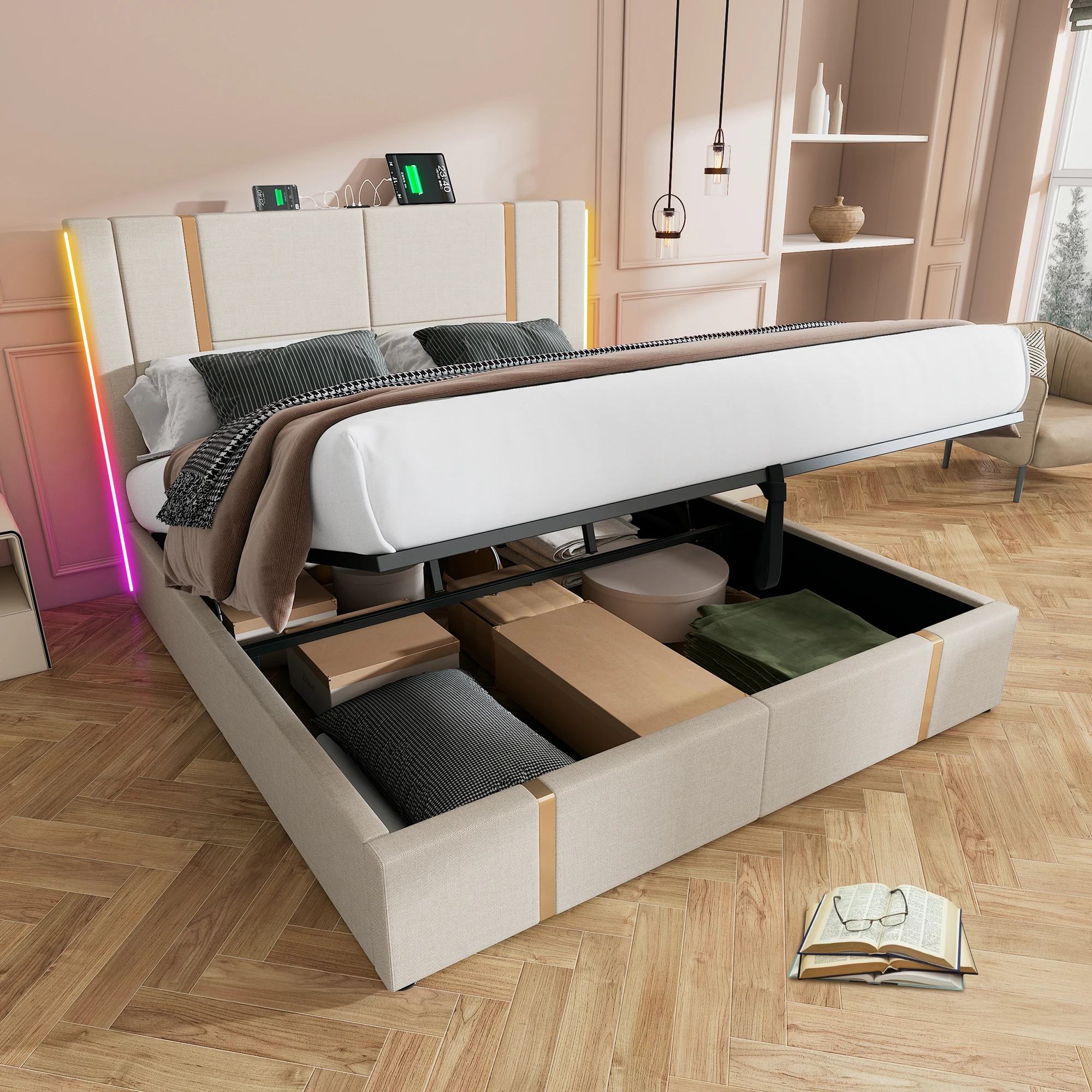 Boxspringbett Polsterbett 180 x 200 cm mit Kopfteil mit USB Type C-Ladeanschluss, Hydraulisches Stauraumbett mit Bettkasten Stauraum und APP-Control LED-Beleuchtung(Ohne Matratze)- Beige Image