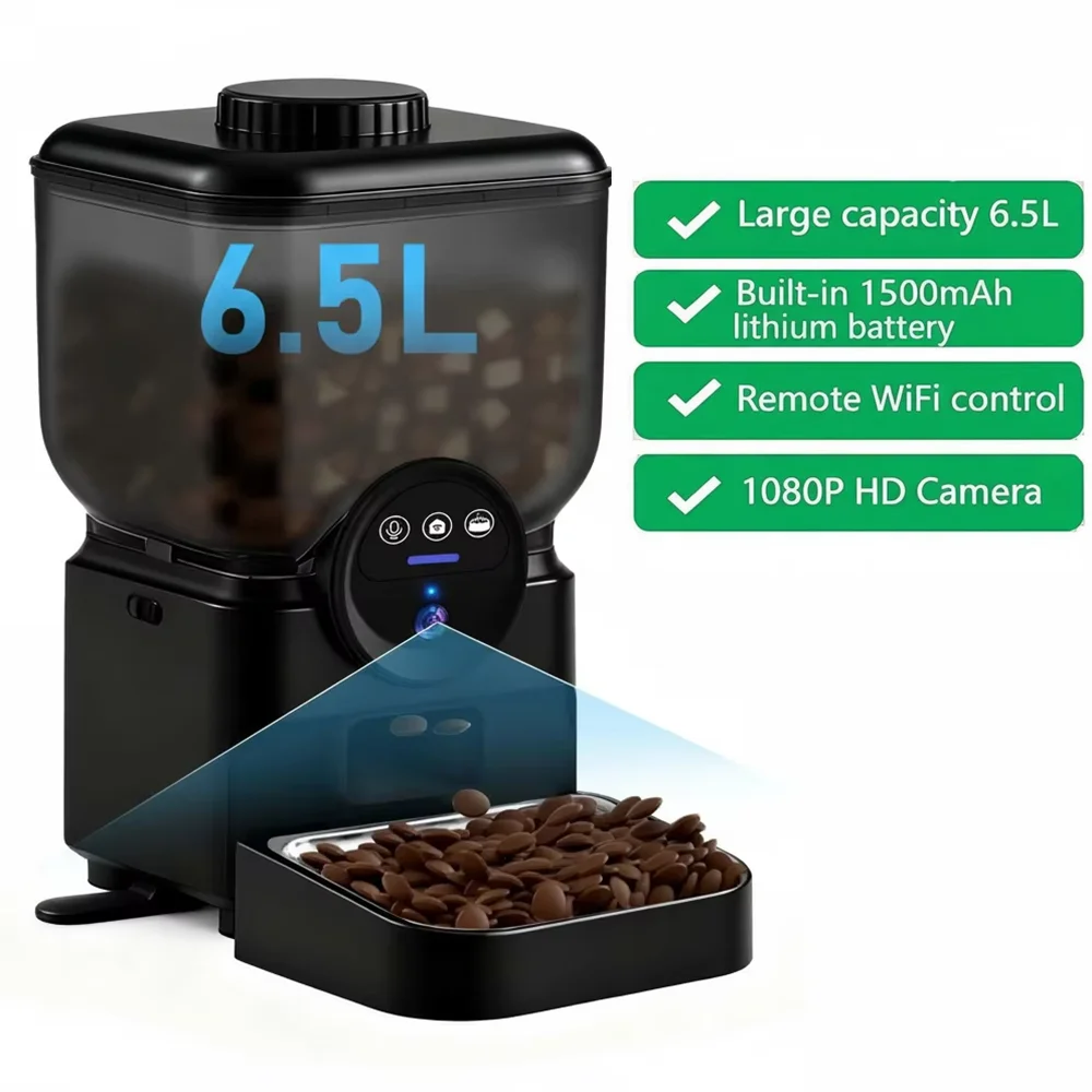 6,5L Automatischer Katzenfutterautomat, wiederaufladbar, WLAN-fähig, Smart Pet Feeder, App-gesteuerter Katzenfutterautomat mit Kamera, eingebauter Akku, für Katzen und Hunde