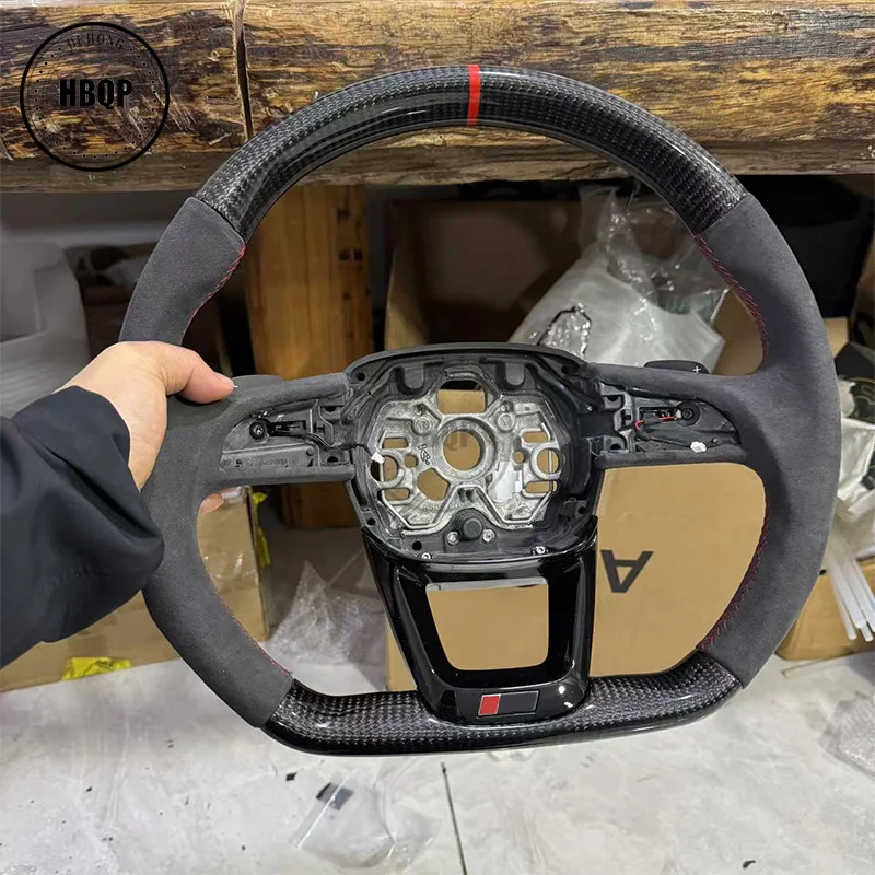 Halbperforiertes Leder aus mattem Karbonfaser-Lenkrad mit schwarzem Knopfrahmen für Audi S RS Sline-Logo Q3 Q5 Q7 Q3L Q5L Image