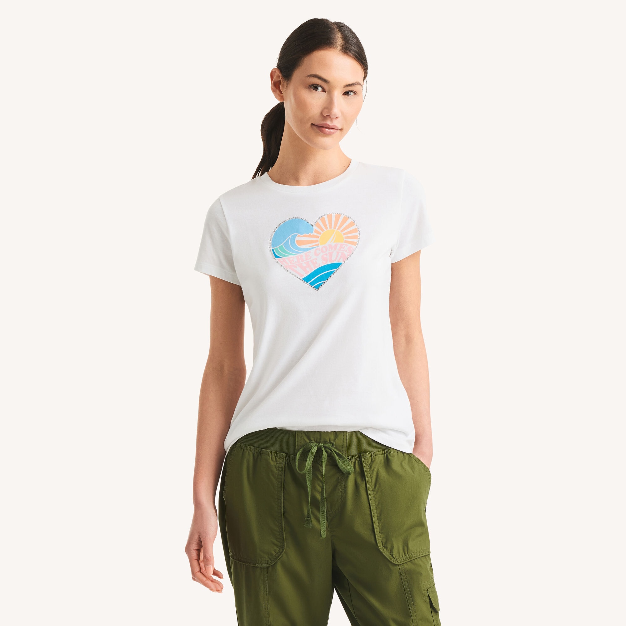 Nautica Women's Rhinestone Here Comes The Sun Graphic T-Shirt 101 (Bright White), L