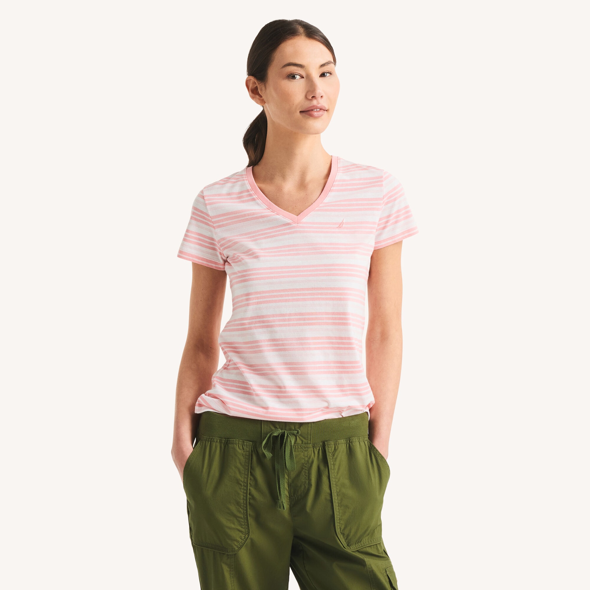Nautica Women's Striped V-Neck T-Shirt 608 (Camellia Rose), XL