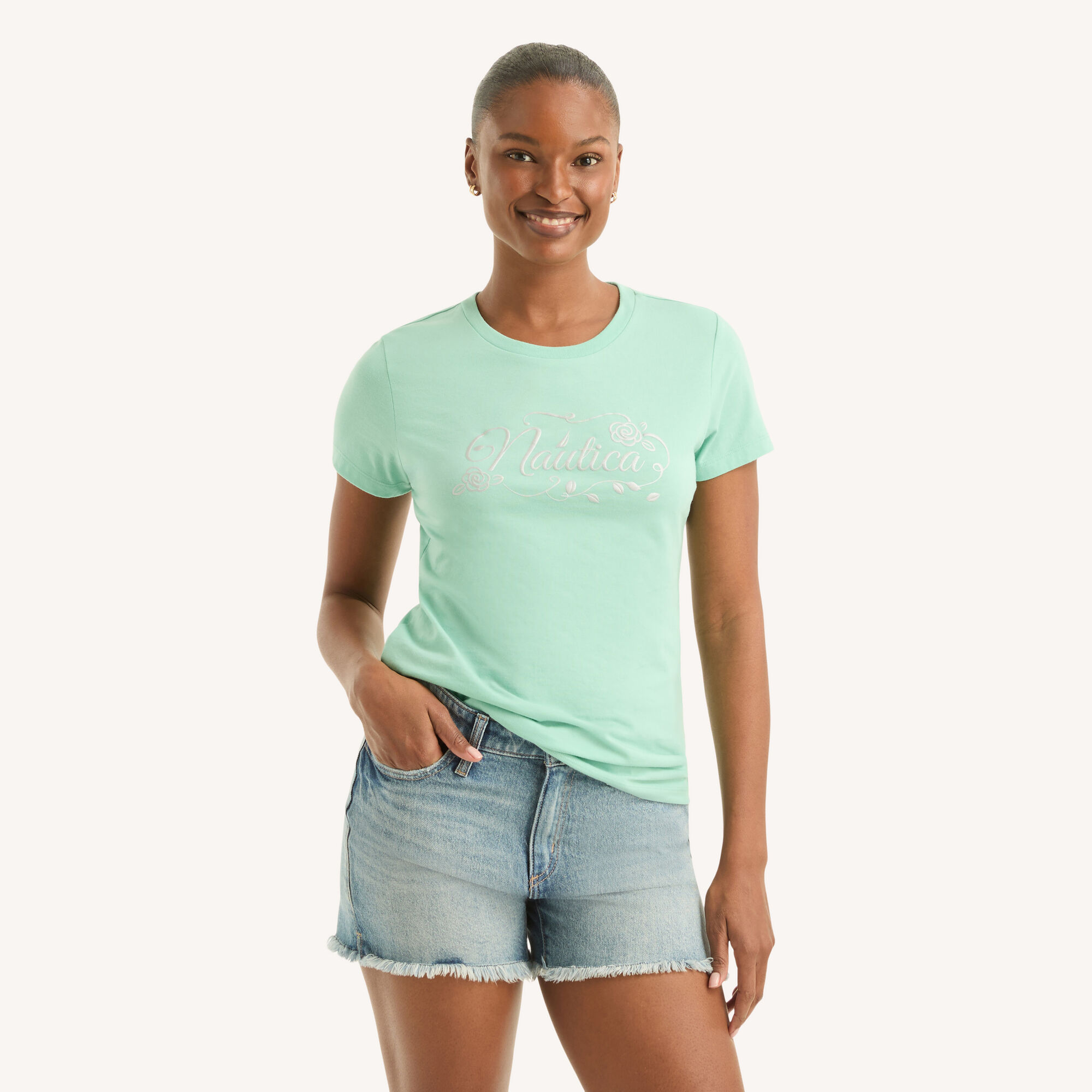 Nautica Women's Script Logo Metallic Puff Graphic T-Shirt 344 (Dusty Neptune), XXL