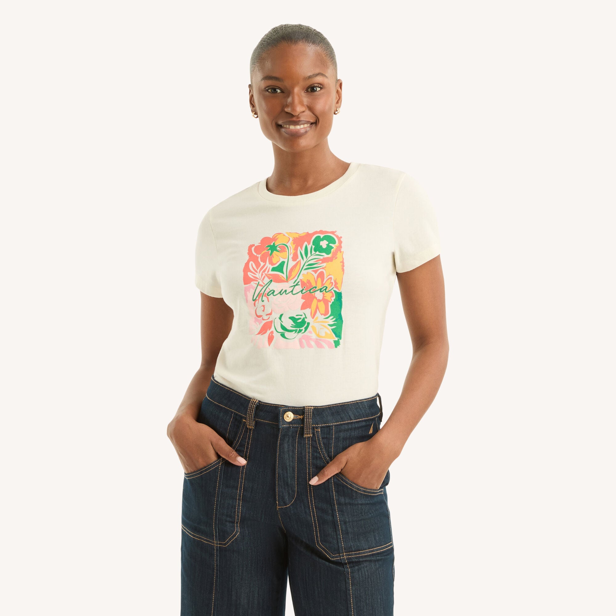 Nautica Women's Floral Graphic T-Shirt 153 (Almond), XL