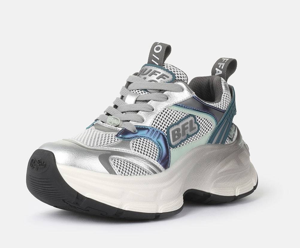 Plateausneaker BUFFALO "RIDR ONE", Damen, Gr. 42, grau, silberfarben, grün, Lederimitat, Textil, kontrastfarbene Details, Schuhe Plateausneaker, Halbschuh, Schnürschuh, Chunky-Sneaker mit trendy Plateausohle