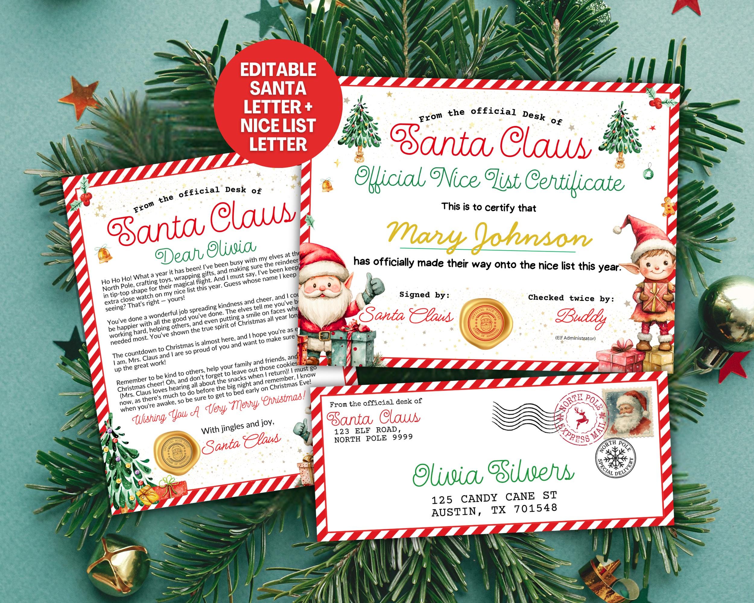 Modello di lettera di Babbo Natale modificabile e certificato di buona volontà, lettera personalizzata di Babbo Natale + busta, pacchetto di lettere d