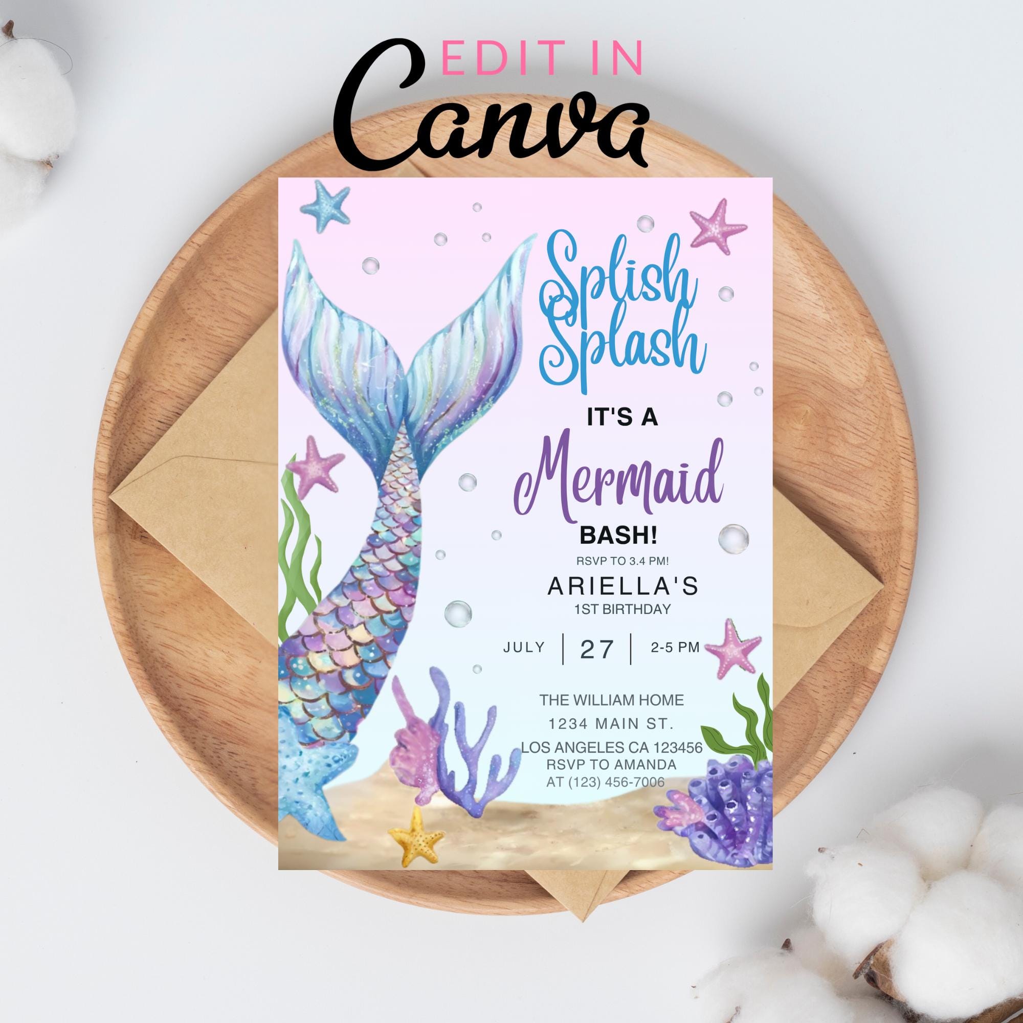 Invito di compleanno modificabile a forma di coda di sirena per ragazza, invito di compleanno a forma di sirena sotto il mare, invito per festa a form