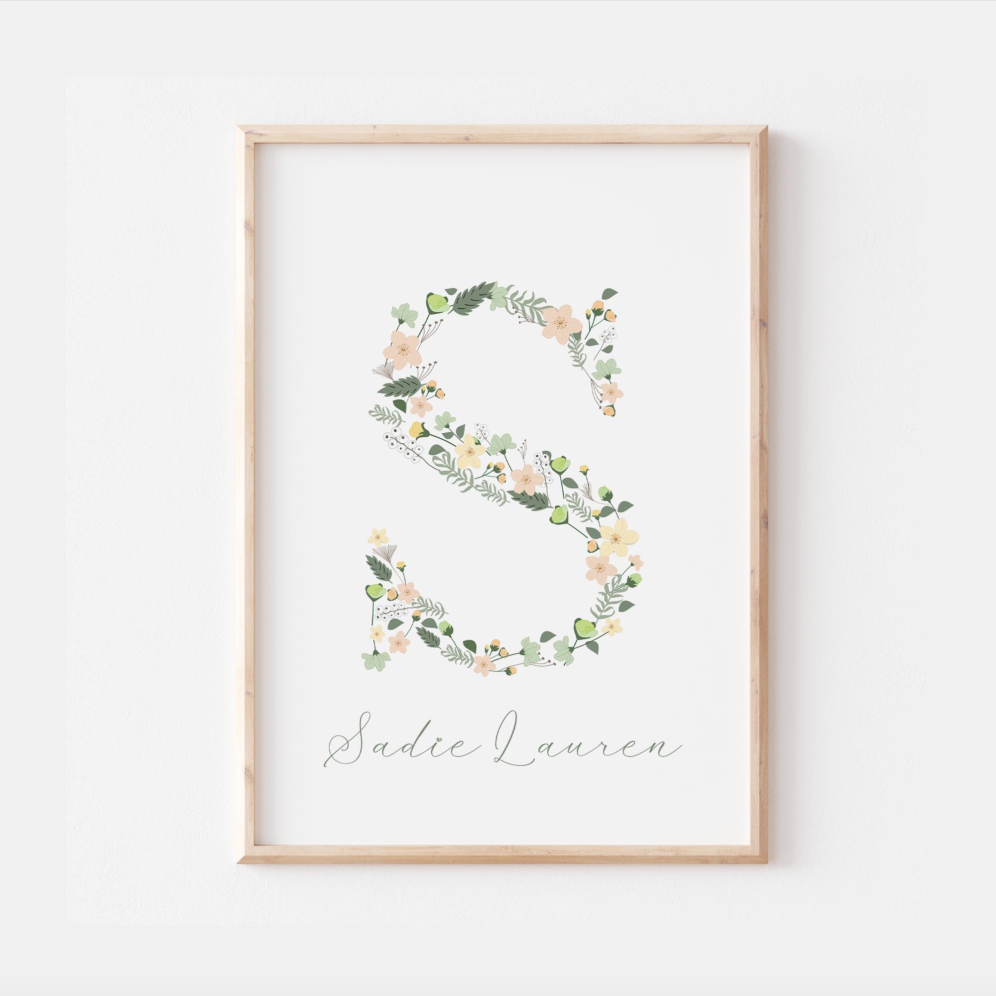 Lettre florale verte personnalisée, décoration florale pour chambre de bébé, impression murale florale, art mural pour chambre d'enfant, cadeau lettre