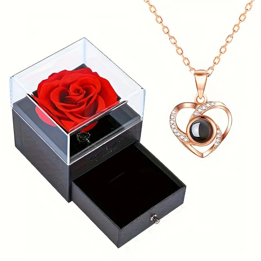 Collier de Projection pour cadeaux de fête des mères, avec boîte-cadeau de luxe en forme de fleur de Rose, 100 langues, je t