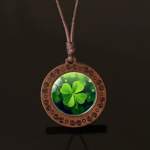 Collana retrò con trifoglio portafortuna - ciondolo portafortuna irlandese con ciondolo a forma di quadrifoglio, catena con cordino marrone, ciondolo unisex in legno resistente