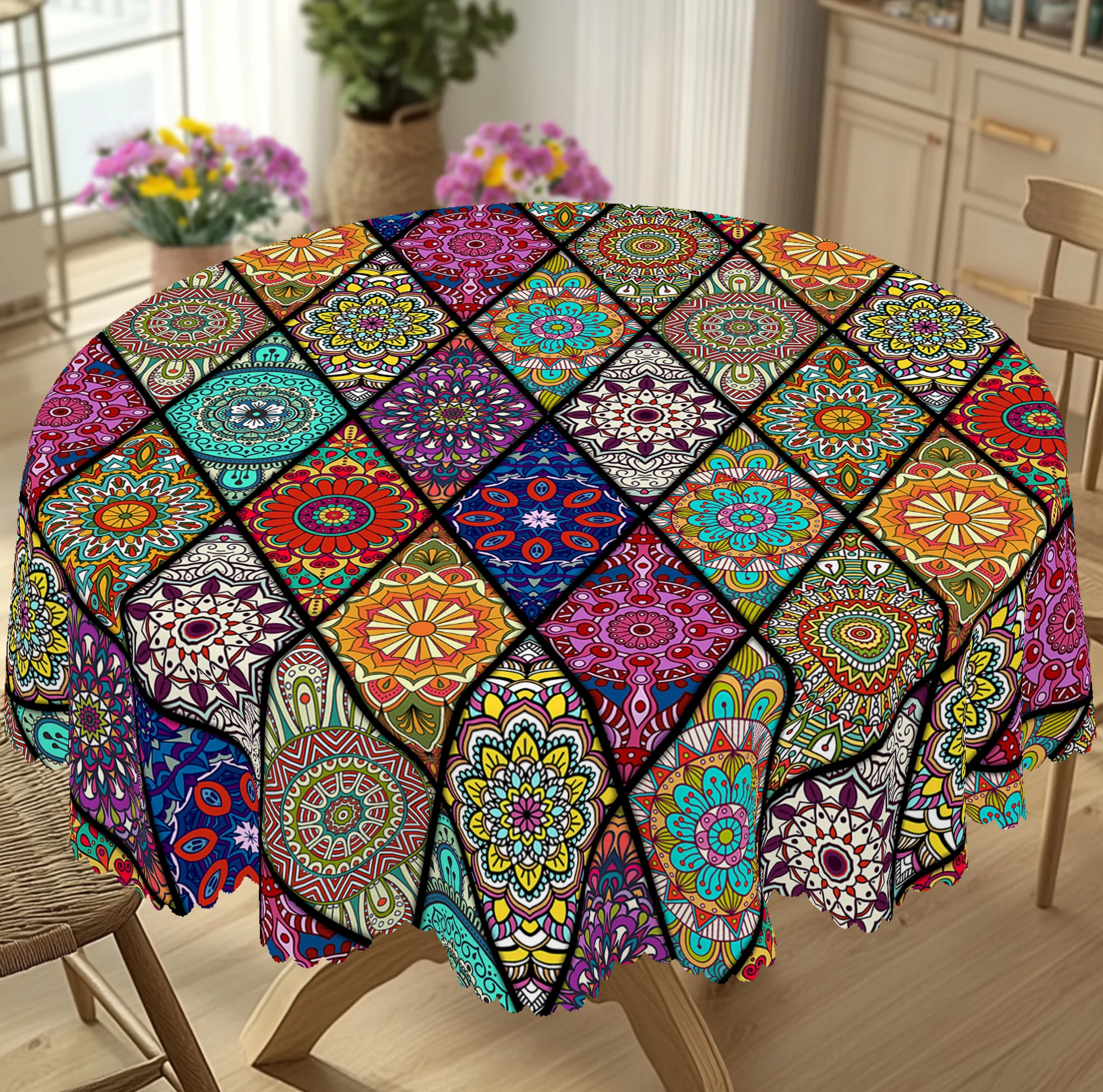 1-teilige runde Tischdecke im böhmischen marokkanischen Stil für Frühling und Sommer, rechteckige Retro-Tischdecke mit Blumenmuster, Tischdecke für Zuhause und draußen, Heimdekoration, Image
