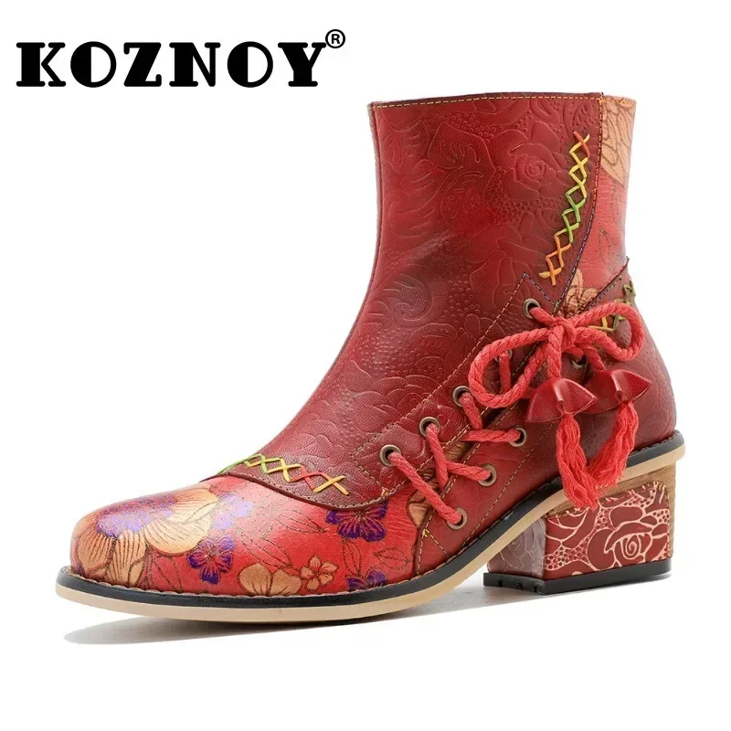 Koznoy 5,3 cm Cowboys tiefel Schaffell Leder Reiß verschluss große Größe Herbst Frühling Frauen Retro Knöchel klobige Absätze britischen Stil ethnischen Schuhe