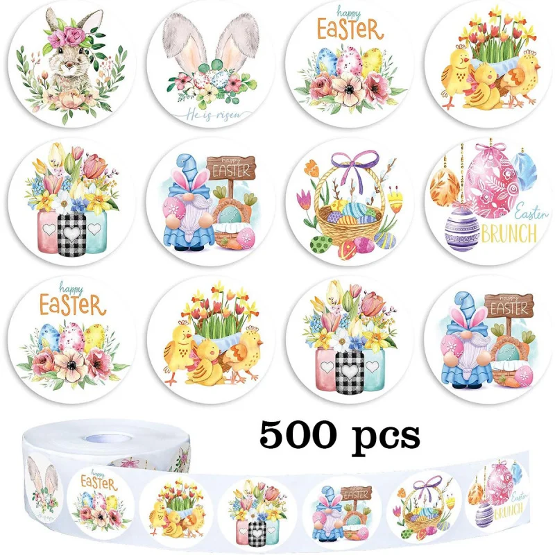 500 Paste/Rolle Osterdekorationsaufkleber, Happy Bunny Chick Zwerg Osterei Runde Anhänger, Ostern Frühling Party Dekoration Illustrati Image