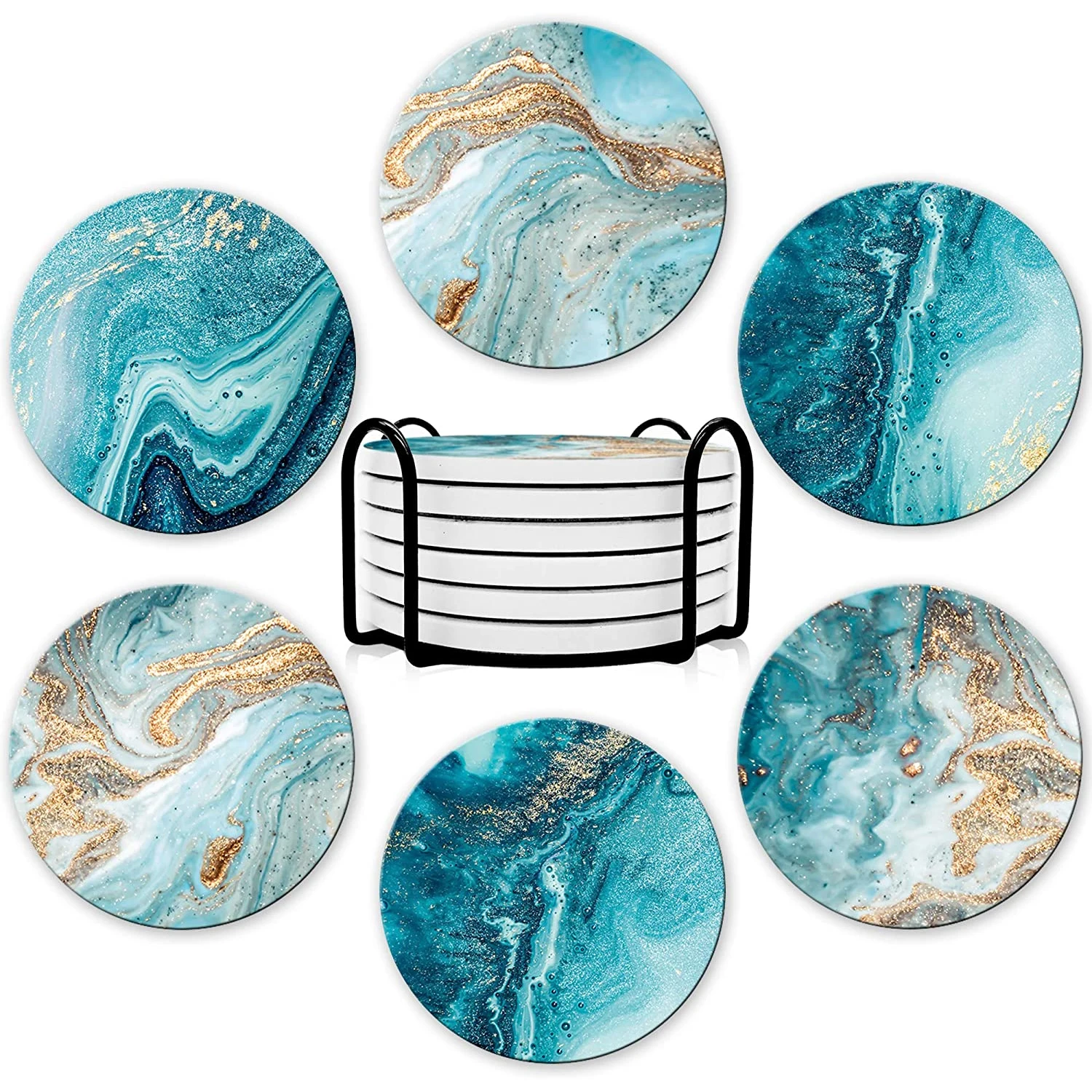 6-teiliges Getränkeuntersetzer-Set mit Halterung, Marmor-Stil, Keramik-Getränkeuntersetzer zum Schutz des Tischs Image