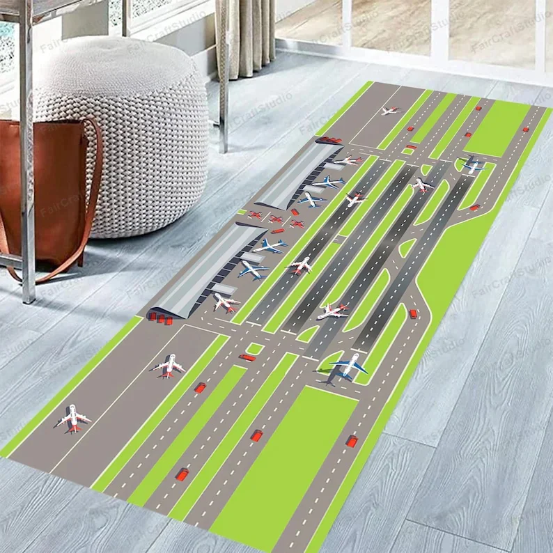 Grüner Rasen Flugzeug Runway Runner Teppich Kinderspiel Klettermatte Wohnzimmer Schlafzimmer Nachttisch Sofa Edge Home Dekoration Matte Image
