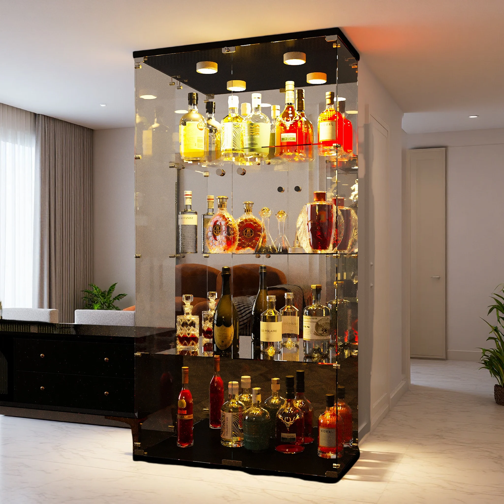 Glasvitrine Stehend, Glasvitrine Standvitrine, 4 Lagen Glas Vitrine Vitrinenschrank LED Beleuchtung, Vitrinenschrank mit 2 Türen, Vitrine mit Glas und Schloss, Schrank für Wohnzimmer Büro