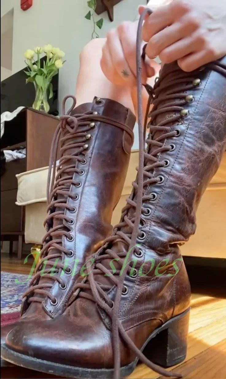 Lady Dark Vintage Style Schnürstiefel mit klobigem Absatz, Pu Runway Gladiator, Punk, Retro-Stil, Partykleid, Stiefel, Größe Schuhe, Größe 34–46