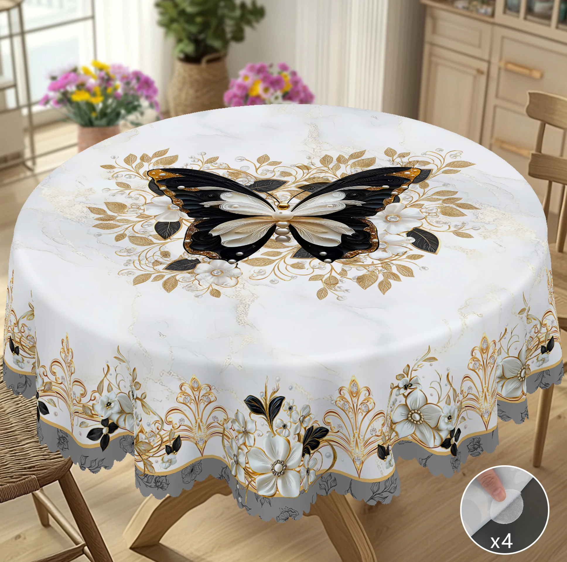 1-teilige runde Tischdecke mit Schmetterlingsmuster, vergoldete 3D-Blume, rechteckige Tischdecke mit Musterdruck, Party-Tischdecke, Heim-Tischdekoration, Tischdecke für die tägliche Heimküche, Image