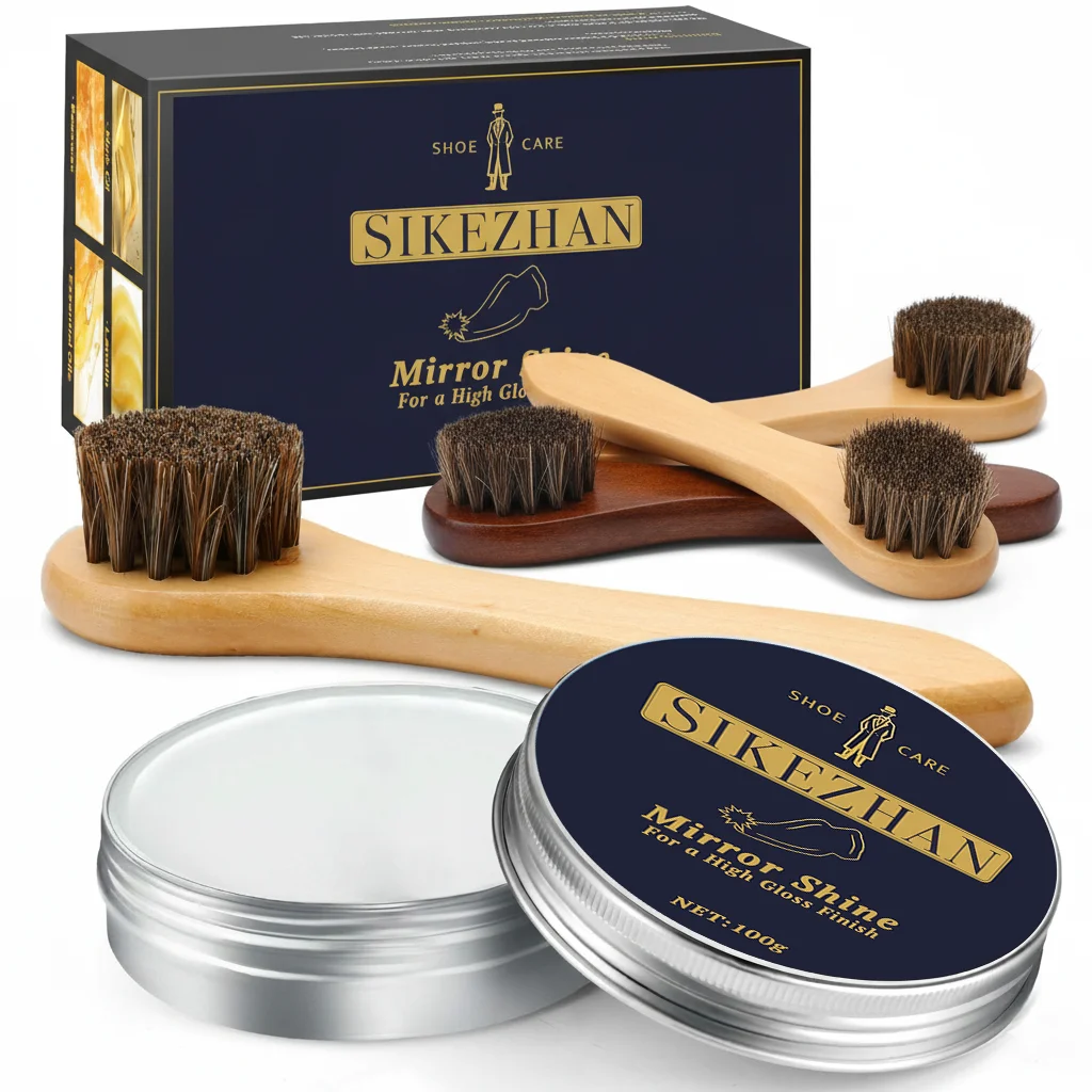 Spiegelglanz, Schuhcreme, Wachs, neutrale Lederpflegepaste, Holzgriff, Rosshaar-Dauber-Bürste für die Reinigung von Stiefeln Image