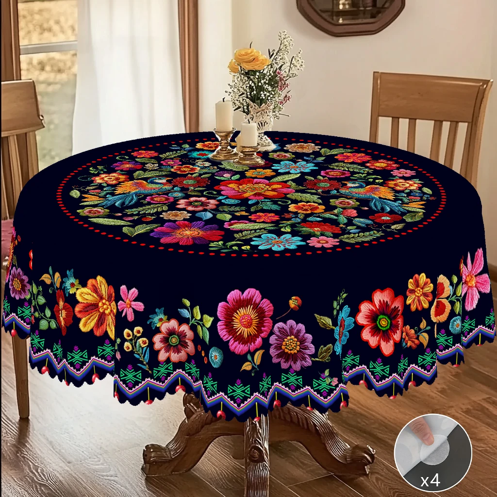 1-teilige Frühlings-Tischdecke mit buntem Blumendruck, bunten Blumen, Erdbeermustern, Kantenprägungsprozess, rund und rechteckig, optional, geeignet für Frühling und Sommer, Tischdekoration im Innen- Image