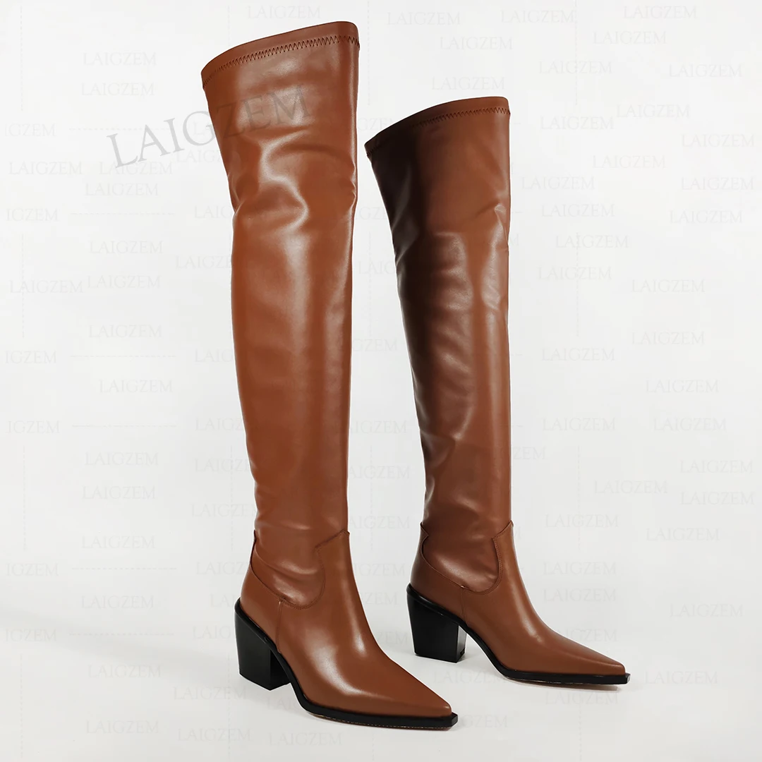 LAIGZEM Frauen Overknee Hohe Stiefel Pull On Block Dicke Heels Stiefel Botas Spitz Damen Schuhe Frau Große Größe 33 41 44 46