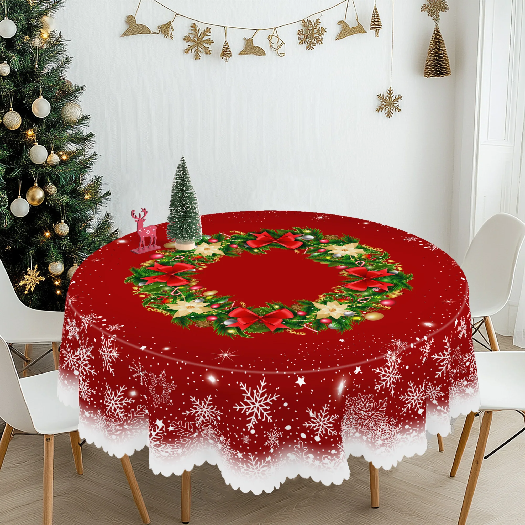 1-teilige runde und rechteckige Weihnachtstischdecke, verschiedene Größen, Weihnachtsgeschenkbox, Schleife, Schneeflocken-Druckmuster, Design-Tischdecke für die tägliche Heimküche, Terrassengebrauch, Image