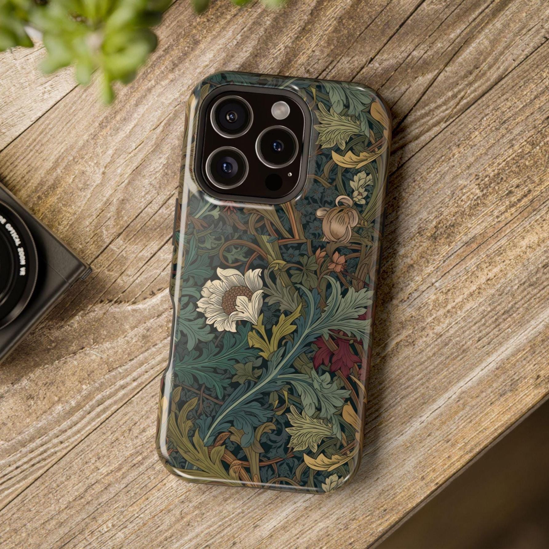 Custodia per iPhone, cover per telefono con motivo floreale in stile William Morris, estetica dark, magnetica e resistente agli urti, motivo floreale