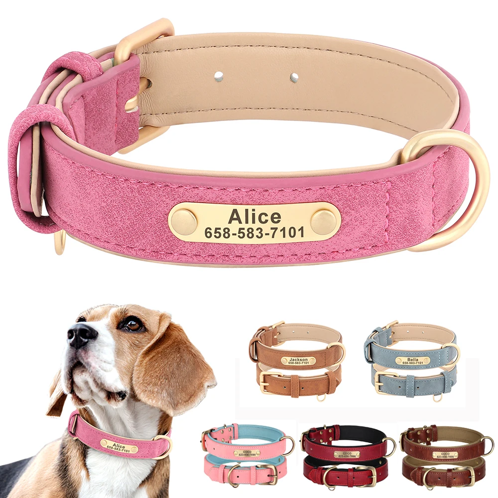 Personalisiertes Hundehalsband, individuelle Hundehalsbänder aus PU-Leder, kostenlose gravierte Namensschild-Tags für kleine, mittelgroße und große Hunde, Pitbull Labrador Image