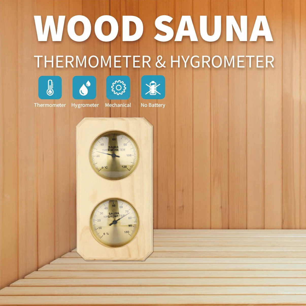 KT THERMO Sauna-Thermometer und Hygrometer aus Holz, wandmontiertes Spa-Zubehör, mechanisch, keine Batterie erforderlich – für Familien-Hotel-Sa Image
