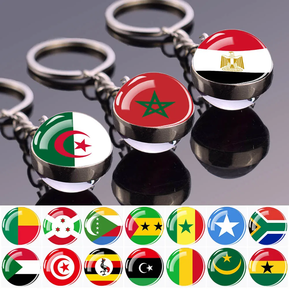 Afrika-Flagge, Schlüsselanhänger, Algerien, Somalia, Tunesien, Marokko, Ägypten, Nationalflagge, Schlüsselanhänger, doppelseitiger Glaskugel-Anhänger, Schlüsselanhänger, Geschenk Image