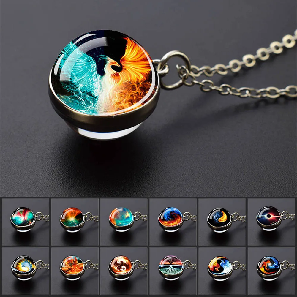 Eis und Feuer Phoenix Yin Yang Aurora Halsketten Doppelseitige Glaskugel Anhänger Mode Ketten Halskette Frauen Männer Coole Schmuck Image