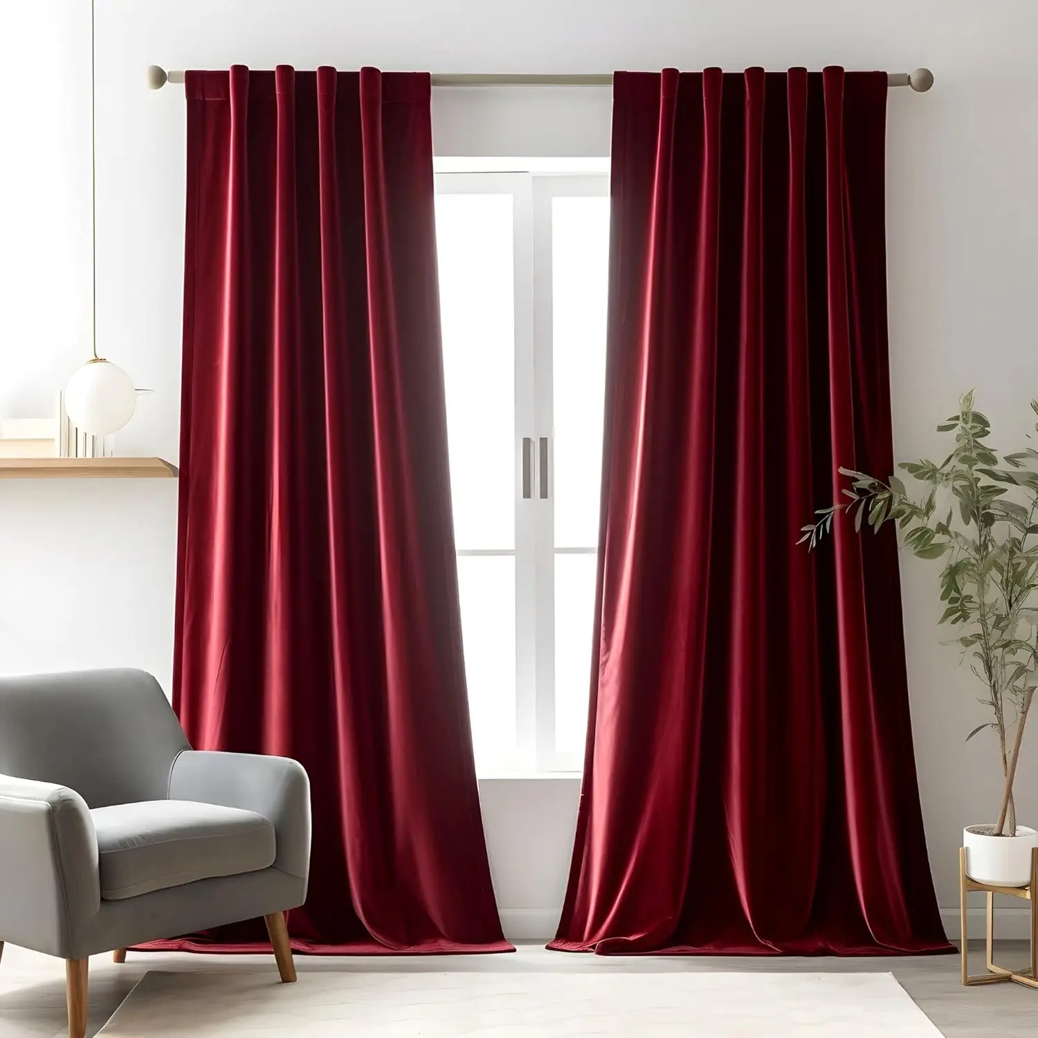 1 Stück burgunderrote Samtvorhänge, 84 Zoll lang, luxuriöses Zimmer, Verdunkelung für Schlafzimmer, Wohnzimmer, Weihnachten, Stangentaschenvorhänge Image