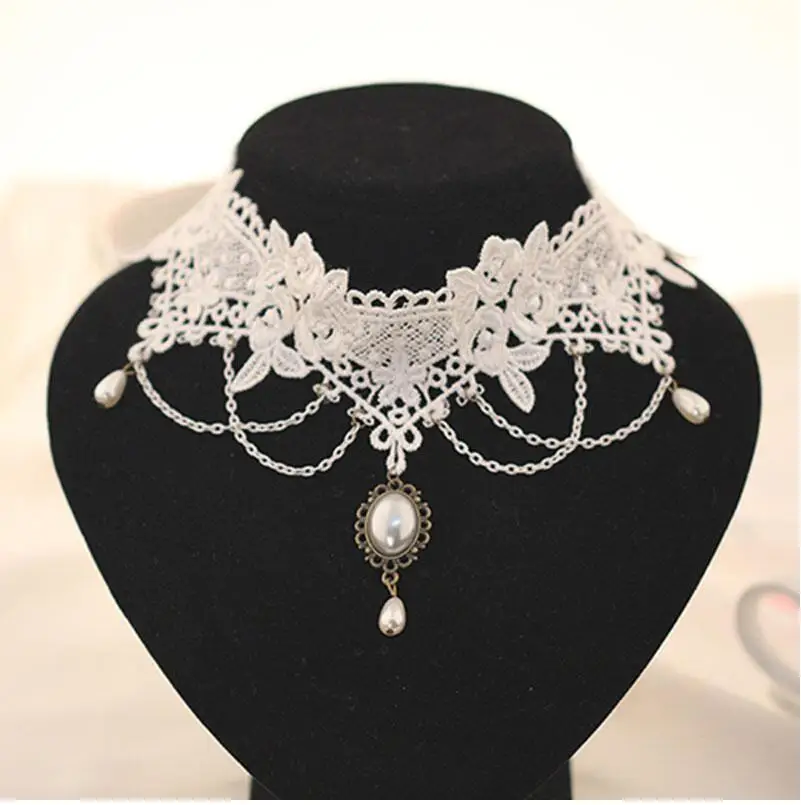 Nachahmung Perle Weiße Spitze Choker Halsketten Braut Schmuck Frauen Hochzeit Tattoo Quaste Punk Stil Spitze Anhänger Choker Halskette