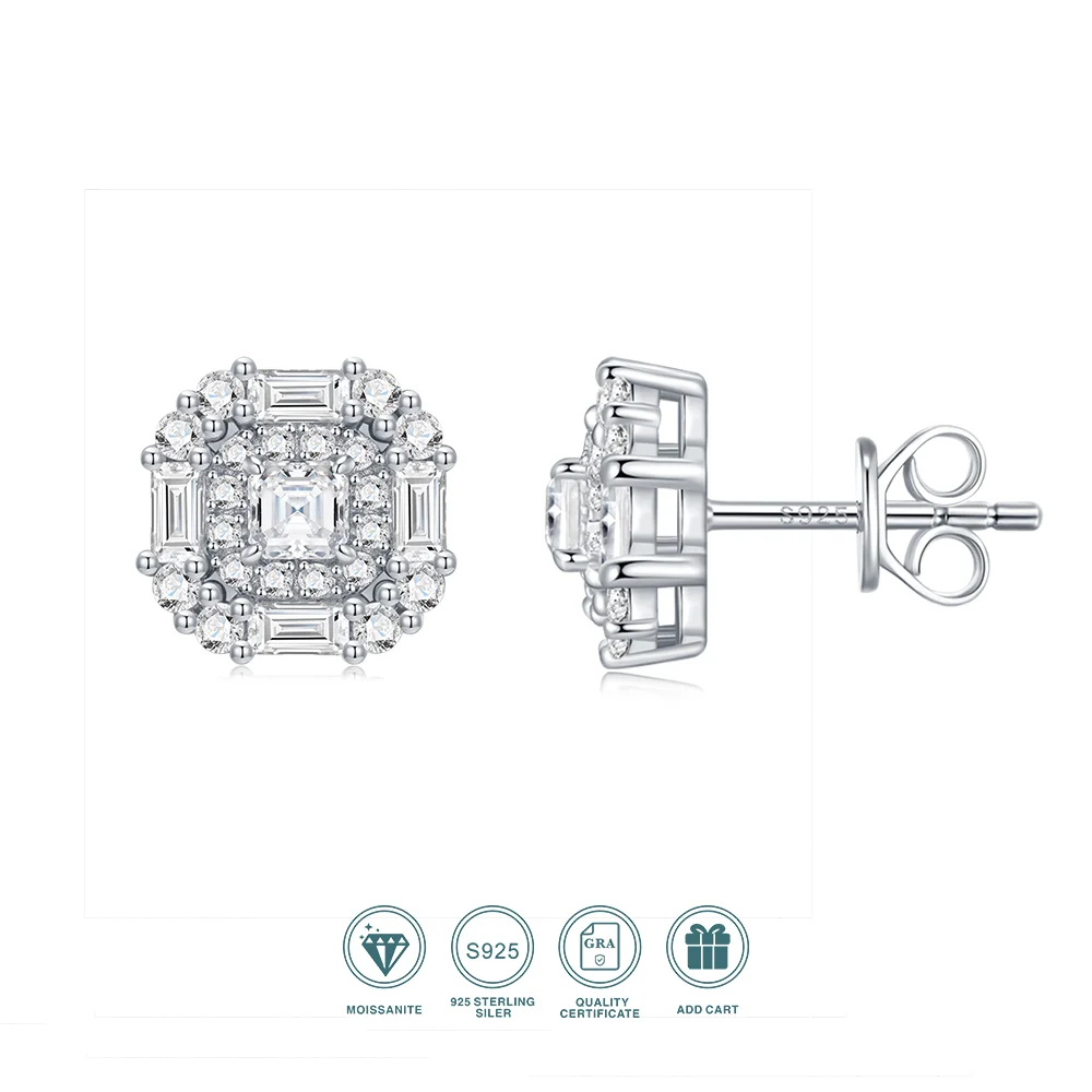 JIUZUAN S925 Sterling Silber Moissanit Ohrstecker für Frauen Vintage Smaragd Cut Multi Layer Halo Design Eleganter Schmuck