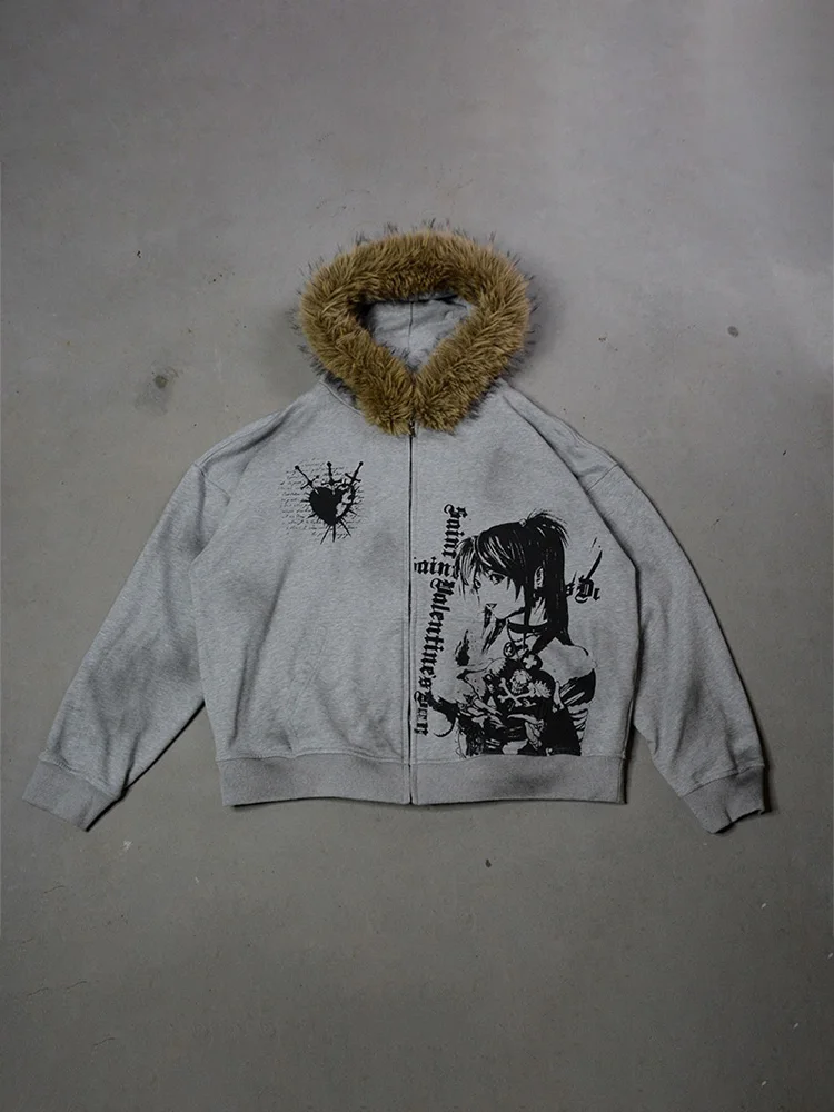 Giacca con cappuccio in pelliccia sintetica stampata gotica da donna moda streetwear invernale Felpa con zip tagliente alla moda 2026 Nuovo arrivo