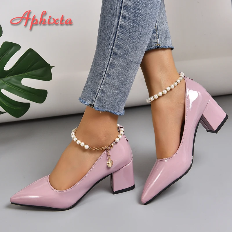 Aphixta 5 cm 7 cm Chunky Heels Frauen Pumpen Kristalle Perle Kette Ankle Strap Schuhe Freizeit Mode Patent Leder Plus größe 30-50