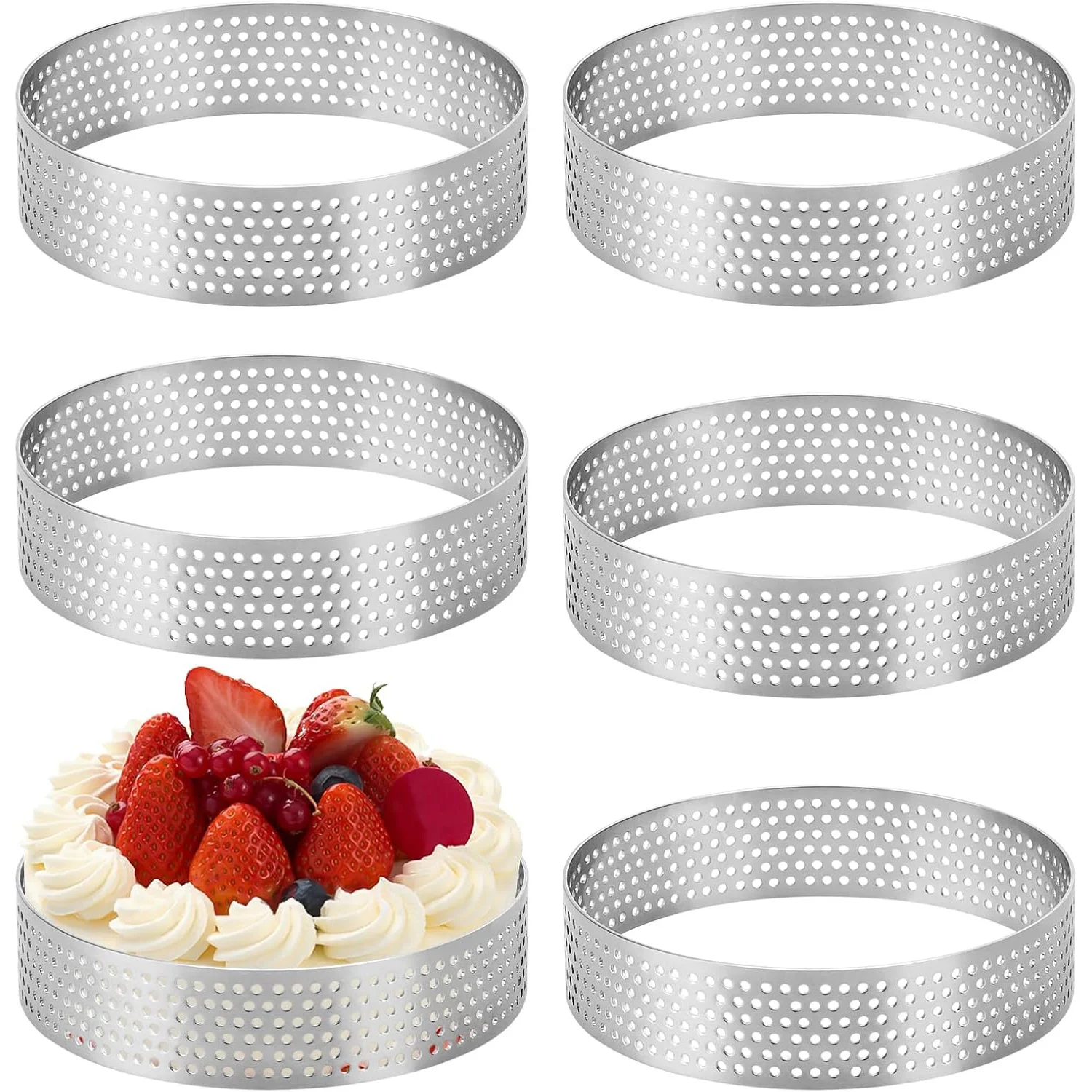 Perforierte Tortenringe aus Edelstahl, runde Antihaft-Kuchenform zum Backen, Gebäck, französisches Dessert-Mousse, Lebensmittel knusprig – 8,0 cm Image