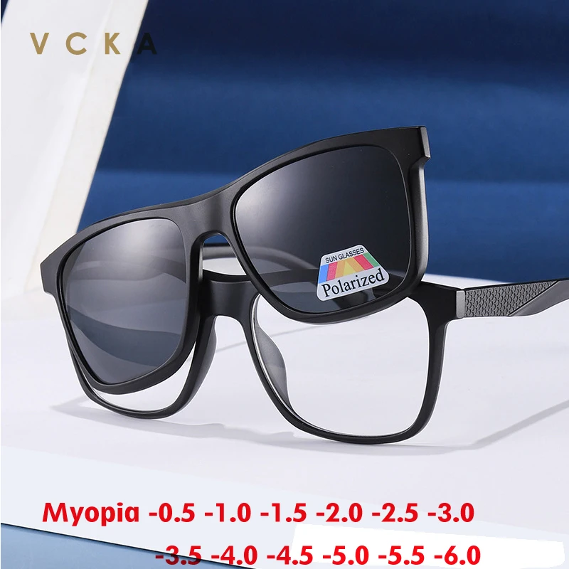 Vcka 6 in1 Männer polarisierte Myopie Sonnenbrille klassische optische Magnet clip Brillen benutzer definierte Frauen Brille Rahmen-0,5 bis-10 Image