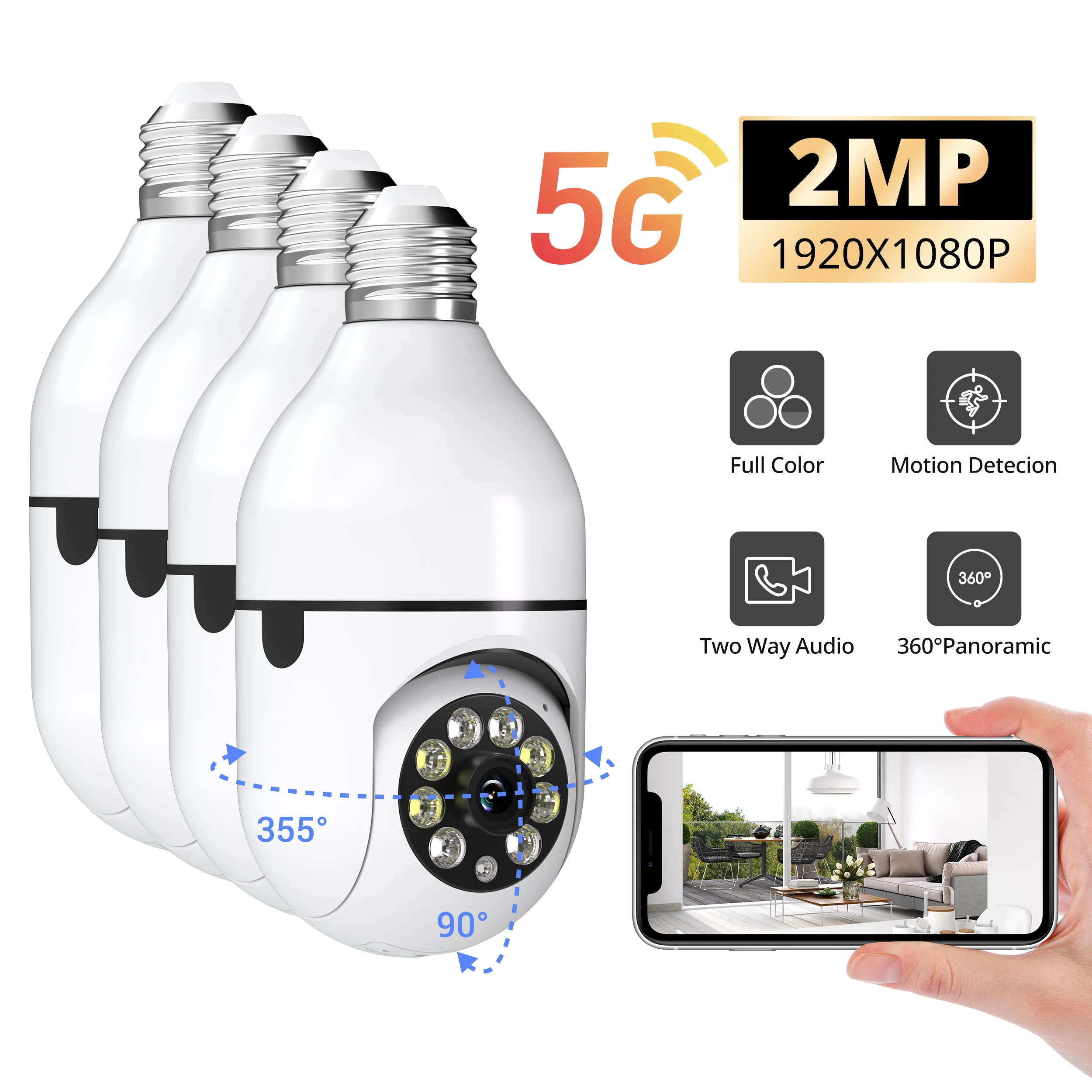 4 Stücke Ease Life App 5 GHz Verbesserte Version 1080 P Glühbirne Überwachungskamera Farbe Nachtsicht Bewegungserkennung D115-2PC Image