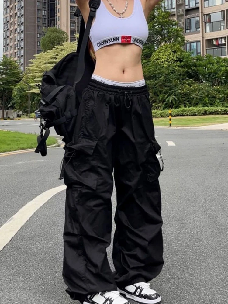Y2K Fallschirm Schwarz Hosen Frauen Hippie Streetwear Oversize Taschen Cargo Hosen Harajuku Breite Bein Baggy Jogginghose