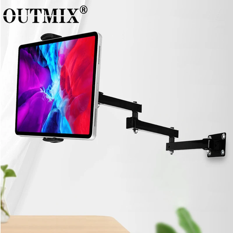 OUTMIX Wandhalterung für Tablets, langer Arm, ausziehbarer Handy-Wandhalter, verstellbarer Metall-Wandständer für iPhone, iPad, 4–13 Zoll