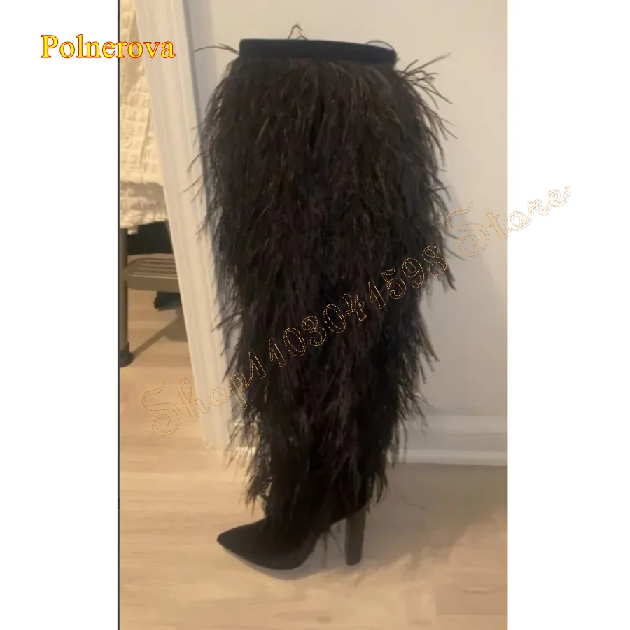 Sexy Overknee-Spitze-Stiefel mit schwarzen Federn, klobige High-Heel-Schuhe für Damen, spitze Zehen-Damenstiefel, lässige modische Stiefel