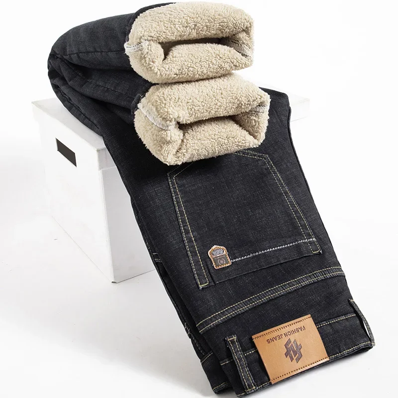 Winter-Lamm-Fluff-Denim-gerade Hosen für Männer, verdickt, große Größe 40, Jeans, hohe Taille, Stretch-Jeans, Fleece-gefüttert, warm, schlank, Vaqueros