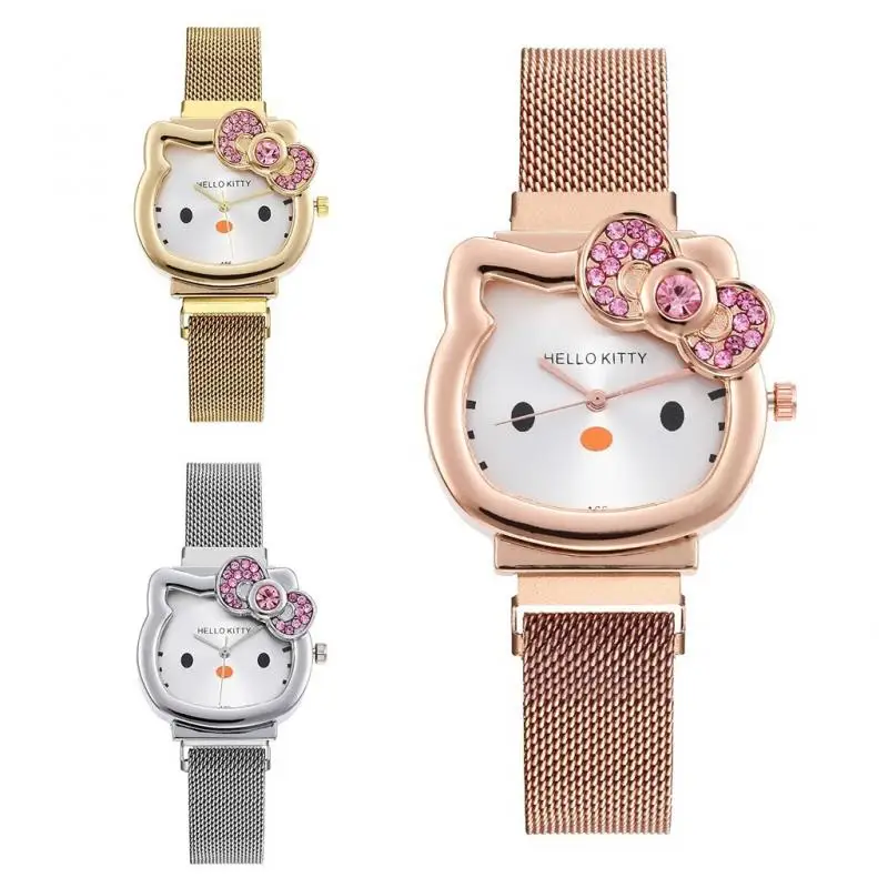 Hello Kitty Diamantuhr Katze Schleife Kawaii Rosa Damen Gold Silber Metallschmuck Cartoon Magnetuhr Freundin Geburtstag