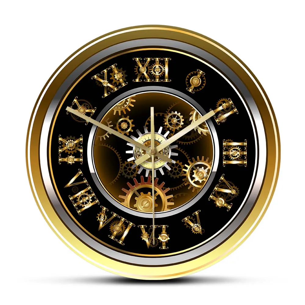 Uhrwerk Steampunk Stil Modernes Design Wanduhr Für Schlafzimmer Home Décor Vintage Römischen Ziffern Gold Getriebe Gedruckt Wanduhr