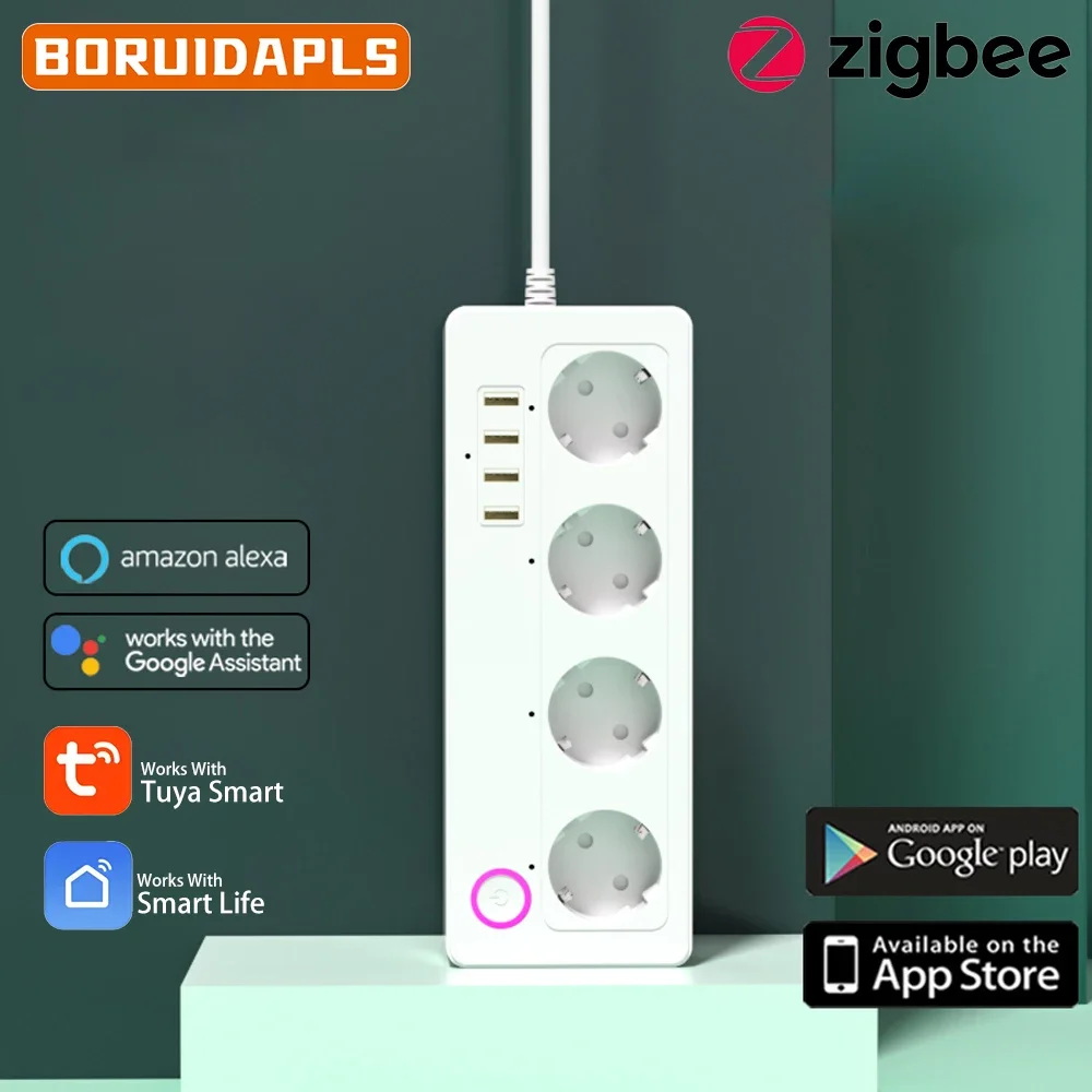 BORUIDAPLS EU/KR ZigBee Smart Power Strip Google/Alexa Steckdose mit Timer, Sprachfernbedienung, unabhängige Steuerung, 4AC+4USB Multi-Port-Steckdose Image