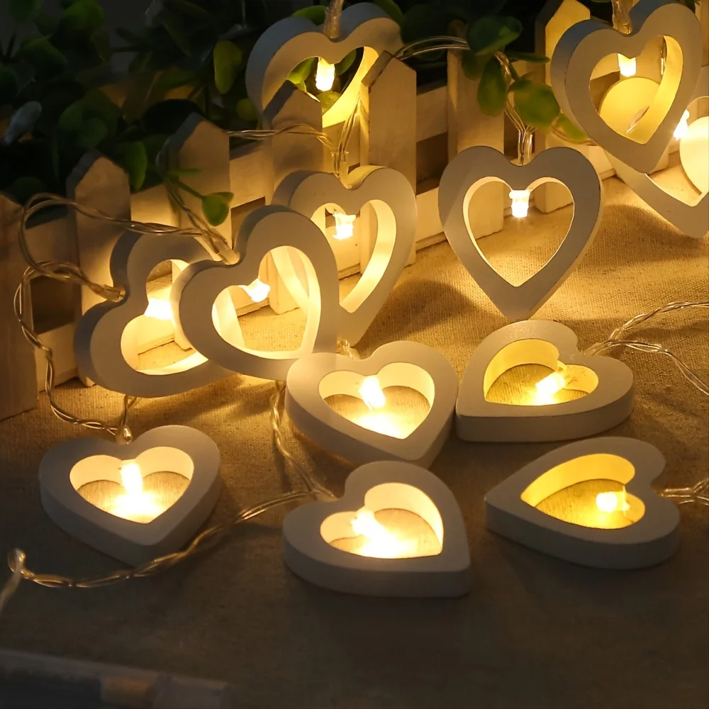 Romantisches Holzherz, 1,5 m, 10 LEDs, Lichterkette, Valentinstag-Lampe, batteriebetrieben, Party, Hochzeit, Dekoration, Lichterkette