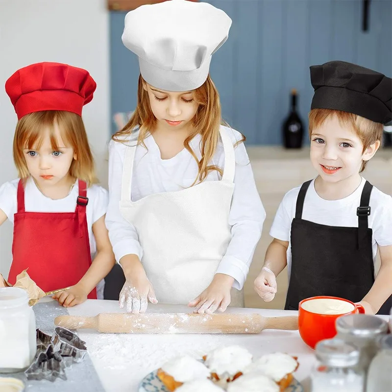 Tablier de chef pour enfants Tabliers de cuisine avant pour enfants, ensembles de tablier + chapeaux pour bébé, idéal pour la cuisine, la peinture artisanale, la cuisine WQ004